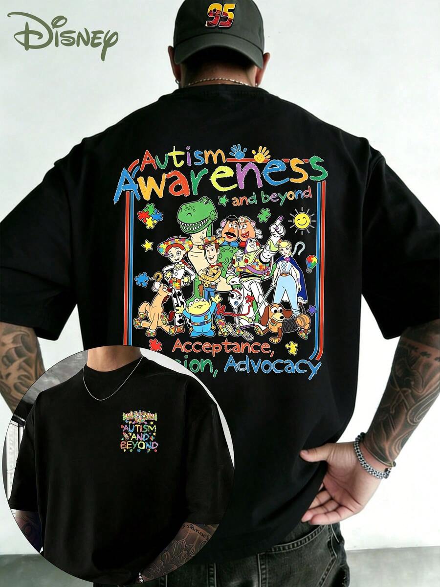 Disney Toy Story Autism-Themed T-Shirt, Toy Story Character Group Cartoon Print, Double-Sided Printed Design, Men's Summer Short-Sleeve Top, High-Quality 100% Cotton Short-Sleeve T-Shirt, Relaxed Summer Breathable Casual Short-Sleeve, Universal For Men And Women, Disneyland Travel Wear, Couple's Wear, Casual Everyday Wear, Street Wear, Vacation Wear, Campus Wear, Toy Story Enthusiast Model - màu đen - Xem 1
