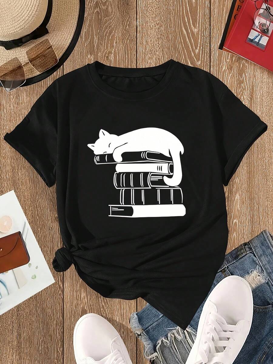Camiseta de manga corta para mujer, de cuello redondo, casual y de moda, con estampado de libro de gato en blanco y simple, estilo de Oriente Medio, para adulta - Negro - Ver 1
