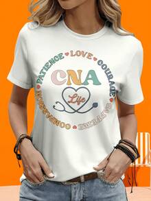 Camiseta de manga corta para mujer, diseño de estetoscopio, corazón, paciencia, amor, coraje, compasión, cuidador, enfermera, para ocio, actividades al aire libre, vacaciones, fiestas, regalo. - Blanco - Ver 4