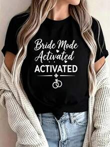 100% Cotton, Casual T-Shirt With Round Neck And 'Look At Me, I'm Getting Married' Print, For Bride-To-Be, Women's Clothing, Summer Clothes - 黑色 - 查看 1