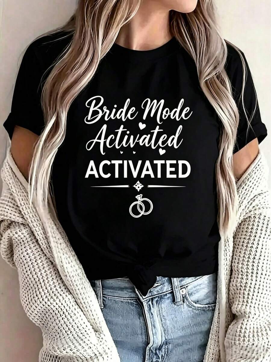 100% Cotton, Casual T-Shirt With Round Neck And 'Look At Me, I'm Getting Married' Print, For Bride-To-Be, Women's Clothing, Summer Clothes - 黑色 - 查看 1