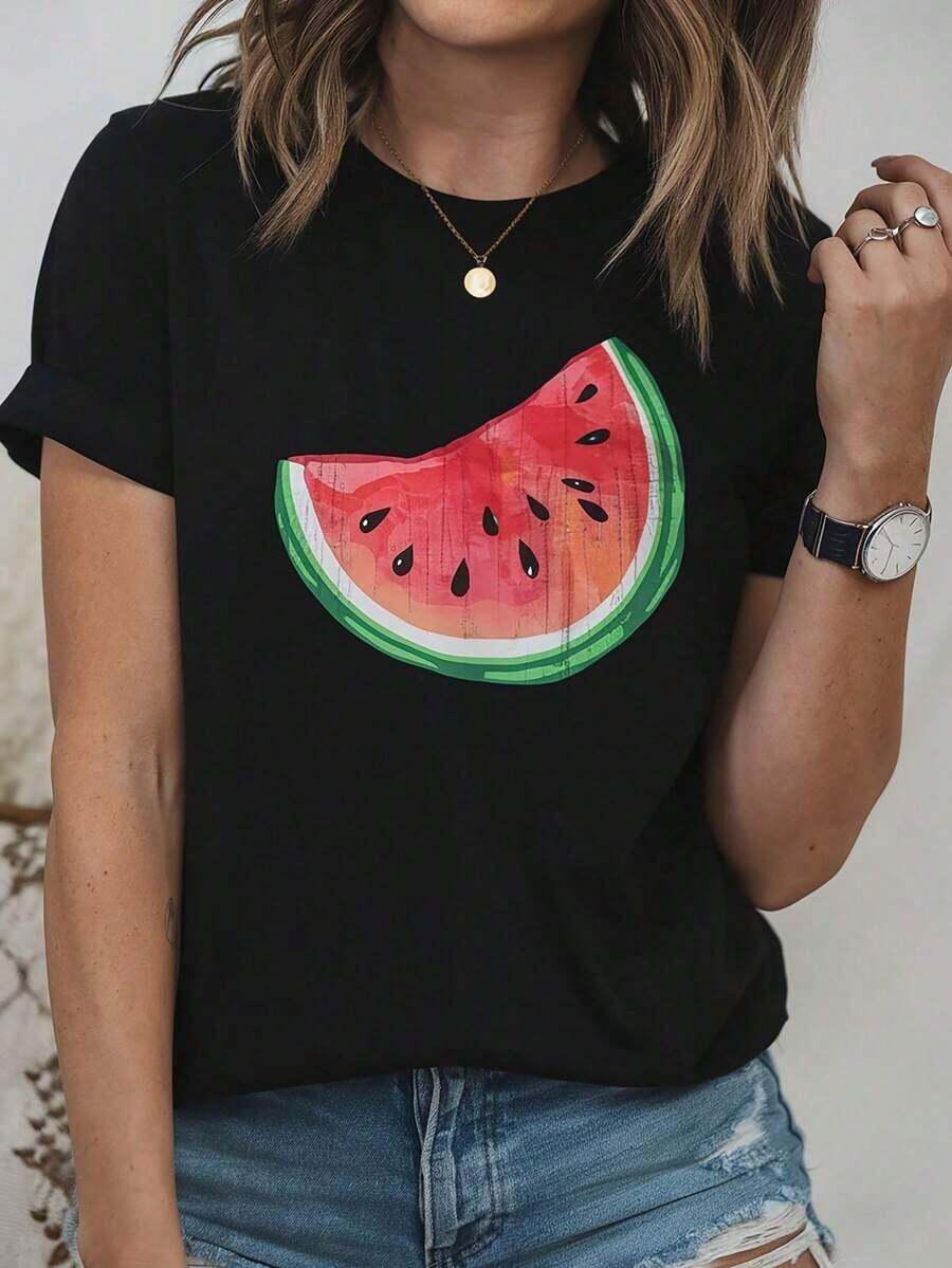 Designed For Modern, Stylish, And Comfortable Women. Women's Oversized Watermelon Print T-Shirt. | Summer Short-Sleeve Crew Neck T-Shirt With Seedless Fruit Slice Design, Casual Black And Pink T-Shirt For Beach, Picnic, Casual Wear - Loose And Breathable Fruit-Themed T-Shirt, Made With Premium Soft And Breathable Fabric, Designed For All-Day Comfort And Versatile Everyday Wear, Perfect For Casual Outings. - 黑色 - 查看 1