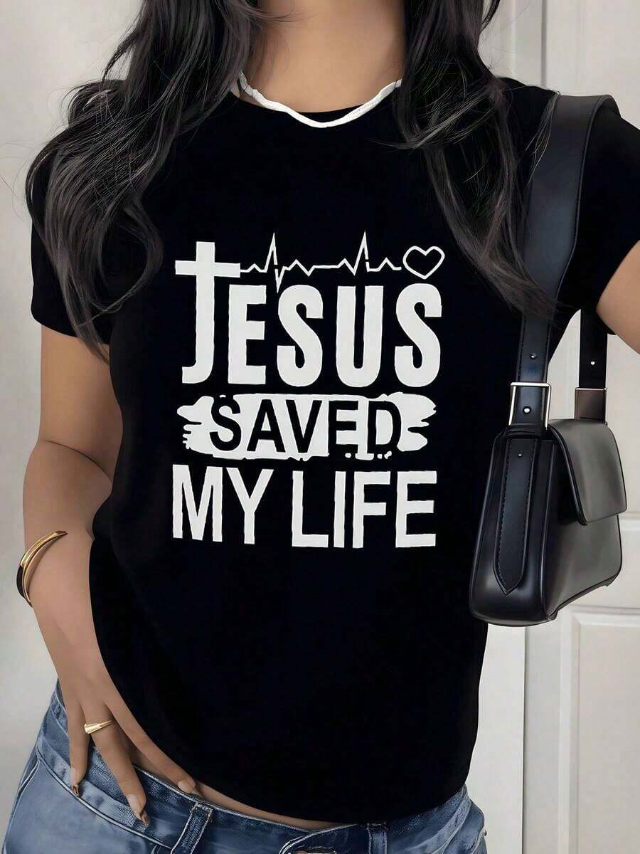 Camiseta de manga corta con estampado gráfico Faith Heartbeat, 220g, 1 pieza, con eslogan inspirador, para mujer, 100% algodón, estilo casual, ropa de calle espiritual, estilo informal. - Negro - Ver 1