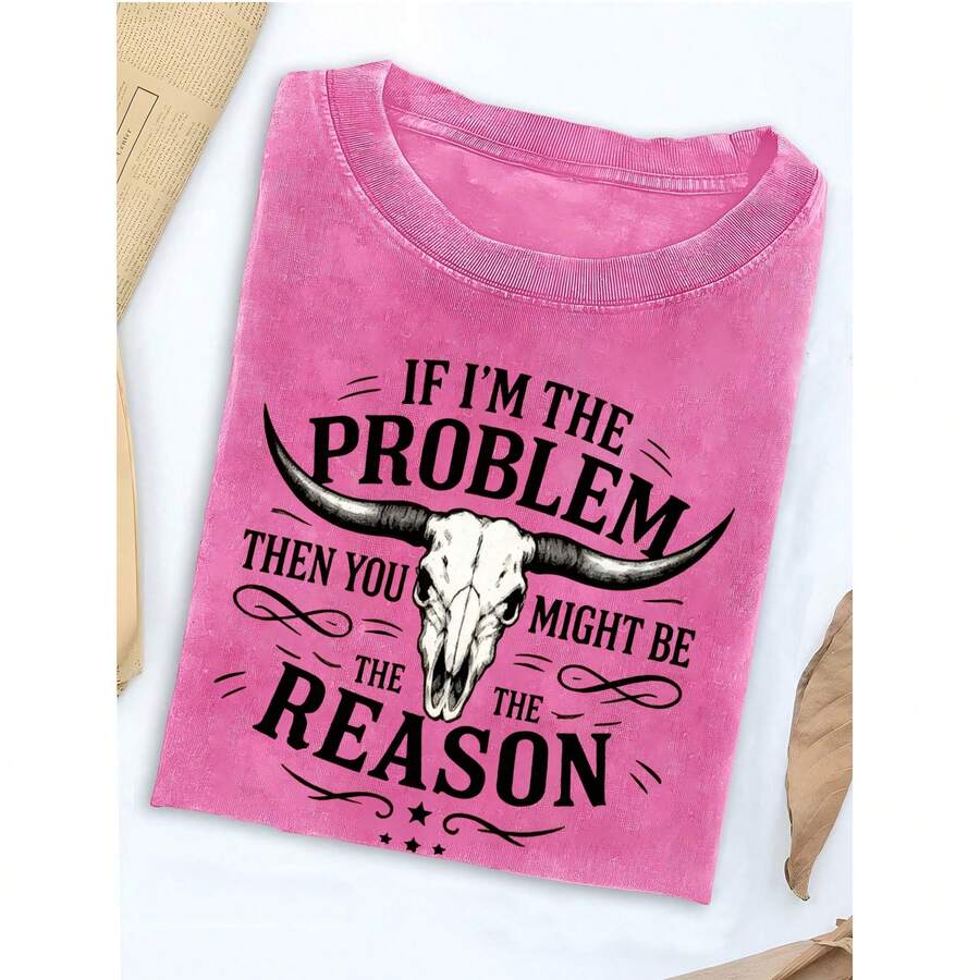 Unisex Washed Distressed T-Shirt Cotton Blend Casual Oversized Tee.Women'S Washed T-Shirt "If I Am Problem, Then You May Be The Reason" | Weste - 玫瑰紅 - 查看 1