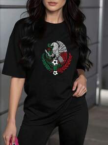 Powerful Eagle Holding A Ball On A Cactus, Symbol Of Strength, Unity, And Mexican Passion, With Patriotic Colors In Perfect Balance. Comfortable Casual Sports T-Shirt For Everyday Wear. - 黑色 - 查看 1