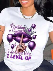 Queen's Birthday Print T-Shirt, 100% Cotton, Casual Crew Neck T-Shirt With Balloons And Lips Print, Regular Length, Knit Fabric, Suitable For All Seasons, All Season T-Shirt | Humorous Design | Medium Elasticity - 白色 - 查看 1