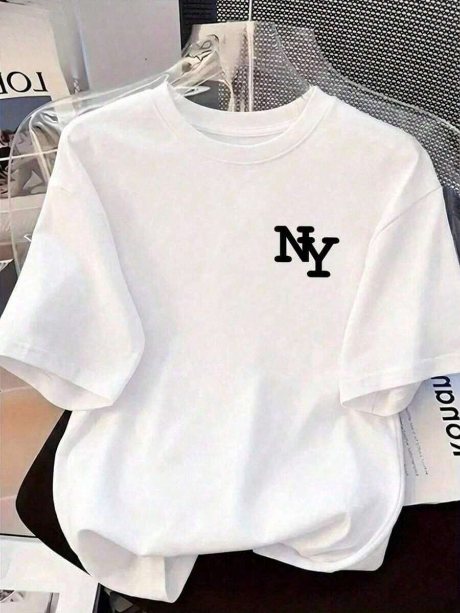 Women's Casual Shirt With NY Lettering, Urban Design, Soft Fabric, Solid Color, Loose Fit, Round Neck, Short Sleeve, Spring/Summer Daily Wear. Suitable As A Gift. Women's Shirt. Blouses > Elegant. Boho Chic. Women's T-Shirt, Soft And Breathable: Perfect For Vacations, Travel, And Festive Occasions, And Suitable For Wearing In Multiple Seasons. - 白色的 - 查看 1