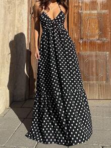 Vestido maxi con escote en V profundo, cuello halter, espalda descubierta y cintura con lazo, con lunares negros, estilo sexy y elegante europeo y americano, adecuado para primavera/verano y vacaciones en la playa - Negro - Ver 6