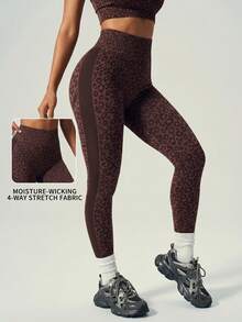 UONNOU Leggings de yoga sin costuras de talle alto adelgazantes y levantadores con estampado de leopardo marrón, para primavera/verano - Marrón - Ver 2