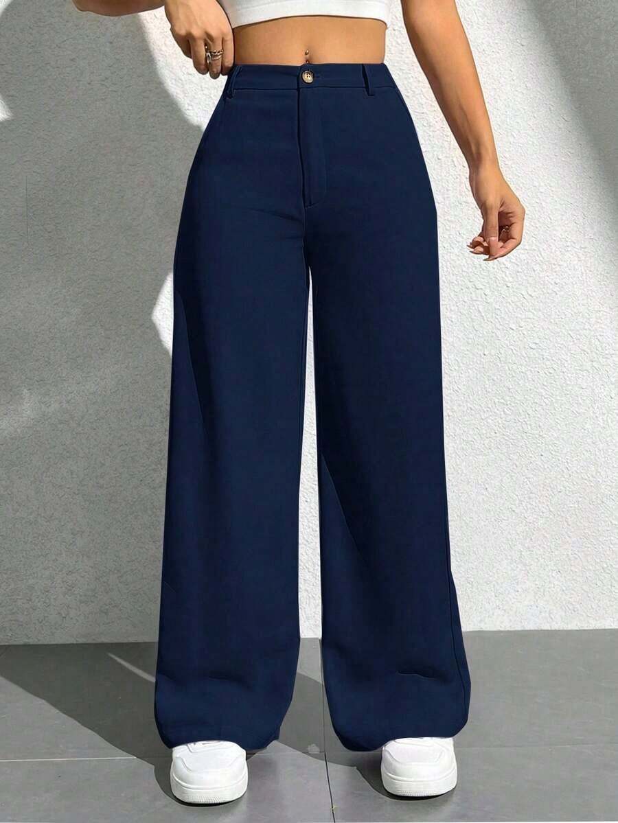 Pantalones casuales simples de unicolor para mujer para usar todos los días - Azul marino - Ver 1