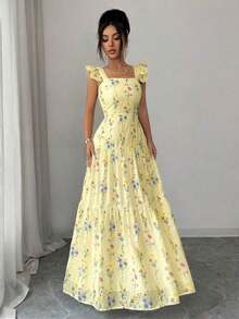 Elenzya Vestido con cintura fruncida y estampado floral para mujer, adecuado para ir a trabajar, salir, picnic, cita de San Valentín, resort de spa, fiesta en la playa, viajes y ocio - Amarillo claro - Ver 5