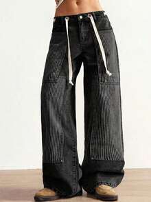 BohoFeels Pantalones vaqueros de tiro bajo, estilo boho, de invierno/primavera, para mujer, con estampado de rayas, parches de mezclilla lavada y pierna recta holgada, en estilo occidental y campestre, adecuados para conciertos, fiestas, vacaciones en la playa, uso diario, vuelta al colegio, salidas y fiestas, Año Nuevo - Gris - Ver 8
