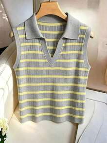 Chaleco de punto casual y elegante con cuello y rayas para mujer - Multicolor - Ver 4