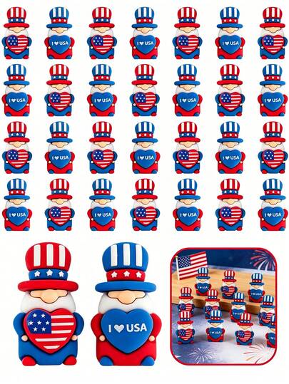 1/10/20pcs Patriotic Gnome Figurines, Red White Blue Stars & Stripes Dwarf Ornaments, 4th Of July Independence Day I ❤️ Usa Miniature Decorations,Pvc Flatback Charms For Tiered Tray, Diy Crafts, Desktop Decorations, Gift Stuffing, Photo Props,Scrapbooking, Jewelry Making, Home Party Decor
