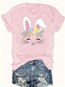 Talla Grande, Camiseta de Mujer con Estampado de Conejo y Huevo de Pascua - Espalda de Cinco Paneles con Forma de Conejo, Cuello Redondo, Atuendo Casual para Pascua y Primavera, Ropa Informal para el Festival de Primavera (Lavable a Máquina) - Gris rosado pálido - Ver 1