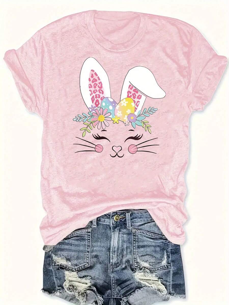 Talla Grande, Camiseta de Mujer con Estampado de Conejo y Huevo de Pascua - Espalda de Cinco Paneles con Forma de Conejo, Cuello Redondo, Atuendo Casual para Pascua y Primavera, Ropa Informal para el Festival de Primavera (Lavable a Máquina) - Gris rosado pálido - Ver 1