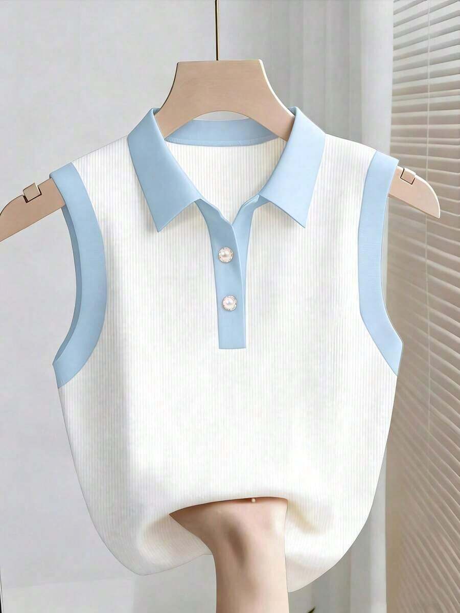 Parte superior sin mangas de contraste de color versátil casual para mujer, top blanco y negro, blusas de verano para mujer, blusas lindas y preppy, top de punto de verano sin mangas, camisa polo de punto para mujer, blusas de punto de verano par - Azul y blanco - Ver 1