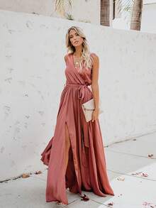 Vestido largo de talla grande sin mangas con escote en V y abertura alta de color sólido - Rosa - Ver 2