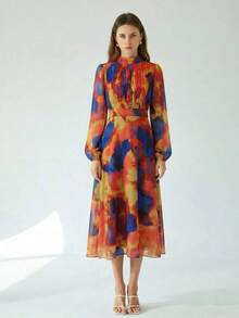 Vestido de manga larga con acento plisado en la cintura, de estampado de teñido anudado, elegante y versátil para uso diario, en azul y verde - Multicolor 3 - Ver 2