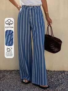 Jeans rectos de ajuste holgado con parches de cuadros y rayas para mujer, uso casual de oficina, otoño/primavera - Azul - Ver 9