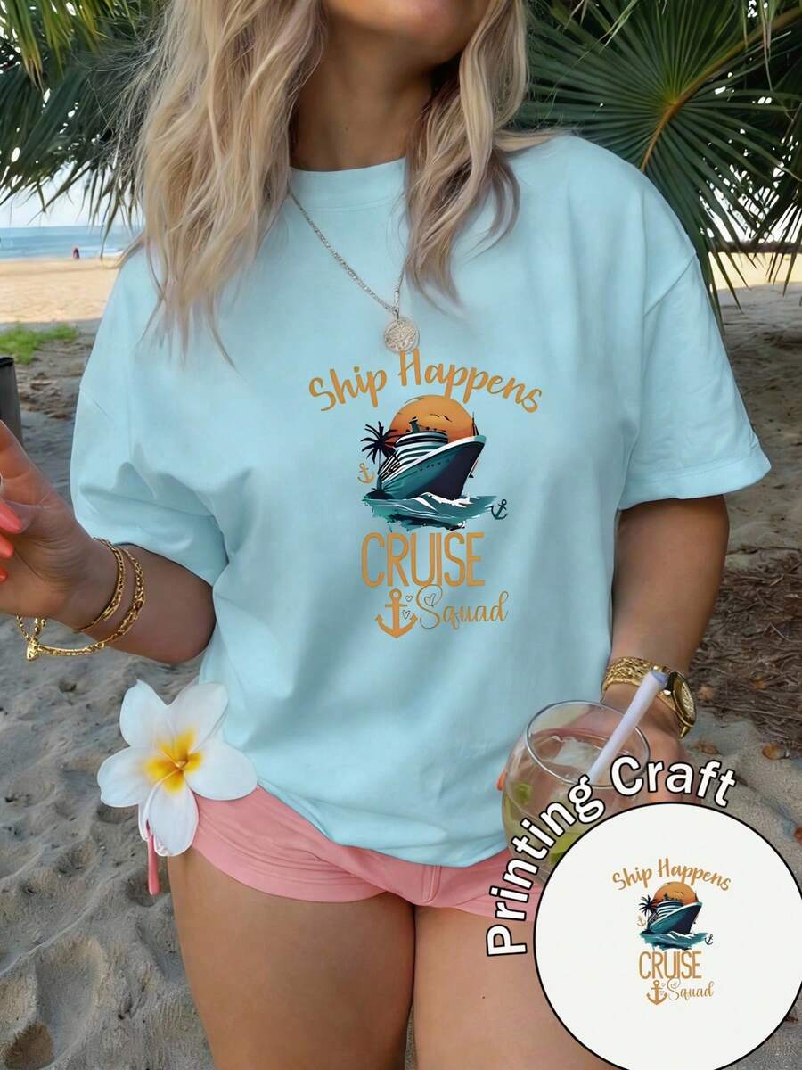 Camiseta de mujer manga corta 100% poliéster, cuello redondo, estampado romántico de letras y postres al estilo francés, estilo casual, lavable a máquina, verano 2026, ideal para viajes y uso diario - azul claro - Ver 1