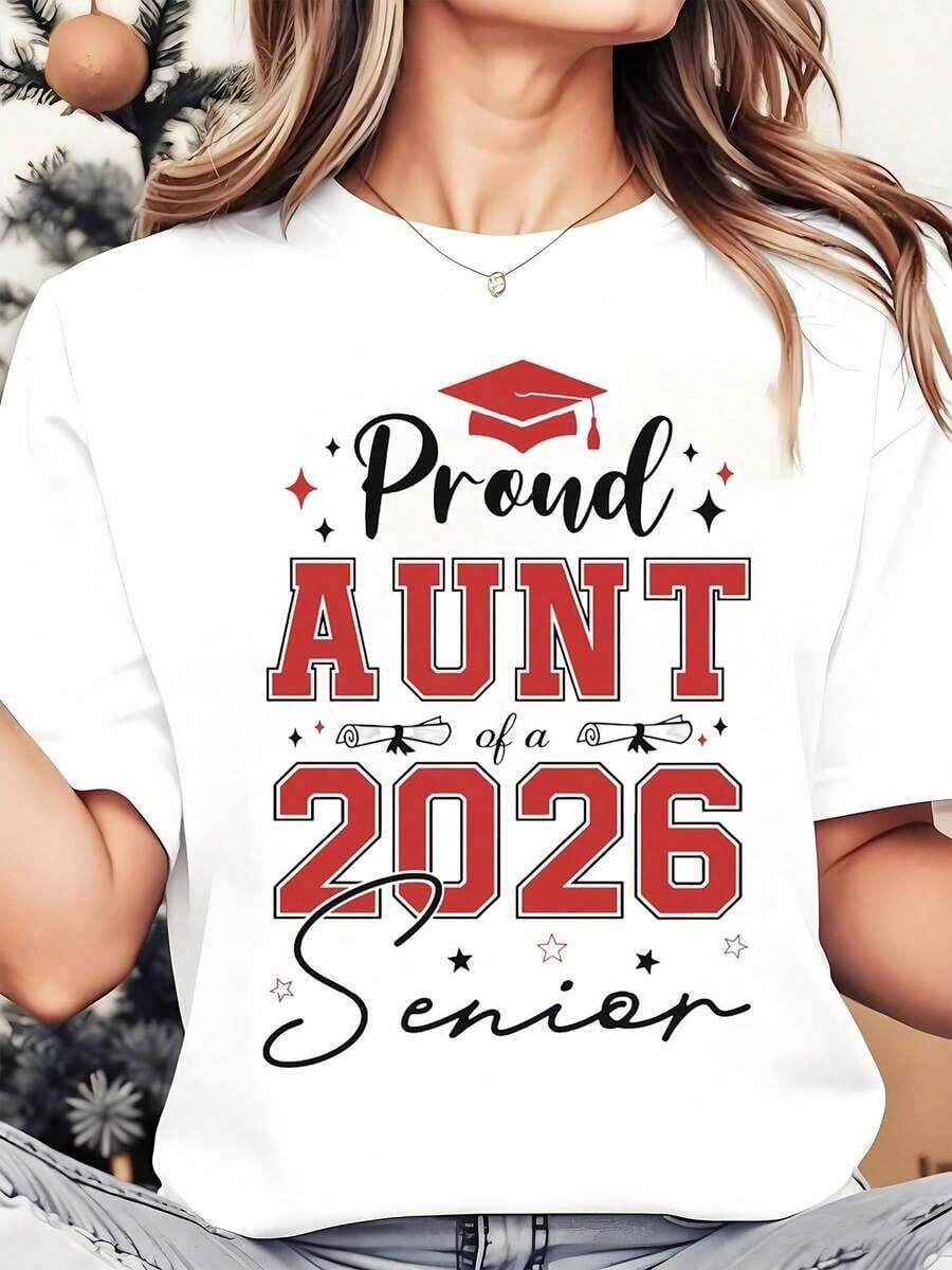 1 Piece Of Women's T-Shirt With Graduation Cap Design, "Proud Aunt Of A 2026 Graduate", For Family Celebrations And School Events, T-Shirt For The 2026 Graduation Season, 180g 100% Cotton. - 白色 - 查看 1