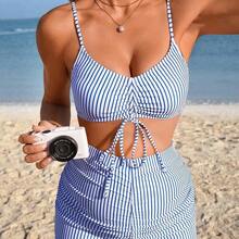 Swim Vcay Conjunto de bikini de maternidad a rayas, traje de baño casual para vacaciones de mujer 2026 Nuevo, adecuado para escuela, vacaciones, citas, té de la tarde, estilo occidental, crucero, playa, isla, viaje por carretera, todas las estaciones, festival de música, vacaciones bohemias, vacaciones bohemias, otoño relajado, estilo boho occidental, blusas elegantes para mujer, conjuntos de vacaciones de verano para mujer de 2 piezas, conjuntos de coordinados de verano para mujer, trajes de ba - Multicolor - Ver 5
