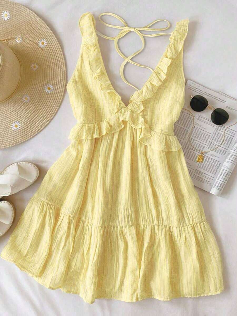 Vestido mini de mujer de color amarillo liso con volantes en los tirantes, de estilo casual de vacaciones, para verano - Multicolor - Ver 1