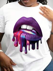 Talla Grande - Talla Grande - Esta exclusiva camiseta de manga corta para mujer presenta un vibrante labio morado y una colorida lengua. Tiene un escote redondo, lo que lo hace perfecto para salidas informales, fiestas y uso diario. - Blanco - Ver 6