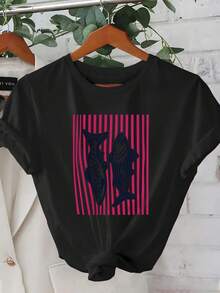 Nuevo modelo de verano 2026, diseño de rayas con patrón de peces, hermoso, elegante, a la moda, camiseta informal de estilo coreano para primavera y verano. - Negro - Ver 6