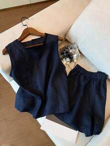 Conjunto de top de tirantes y shorts con bordado floral diminuto - azul real 2 - Ver 1