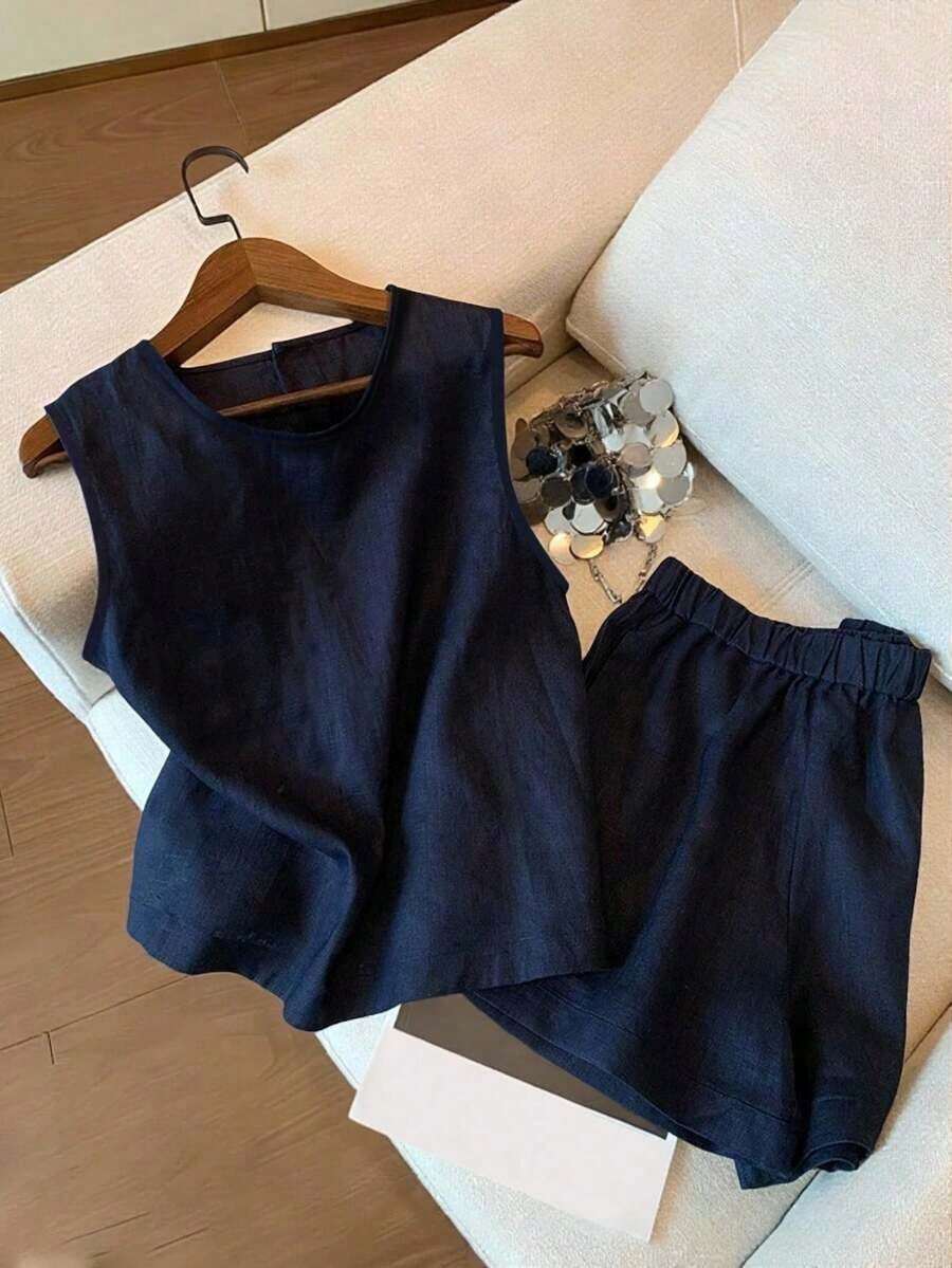 Conjunto de top de tirantes y shorts con bordado floral diminuto - azul real 2 - Ver 1
