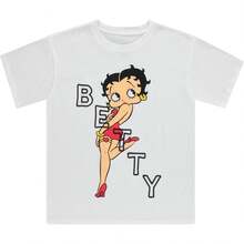 White Cotton T-Shirt With Print, Women's Retro Casual Short Sleeve T-Shirt, Vintage Aesthetic Style - 黑色 - 查看 2