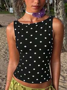 Blusa sin mangas de lunares para mujer, casual, sexy y de moda, adecuada para la calle, fiestas y salir de noche en verano, color blanco - Negro - Ver 5