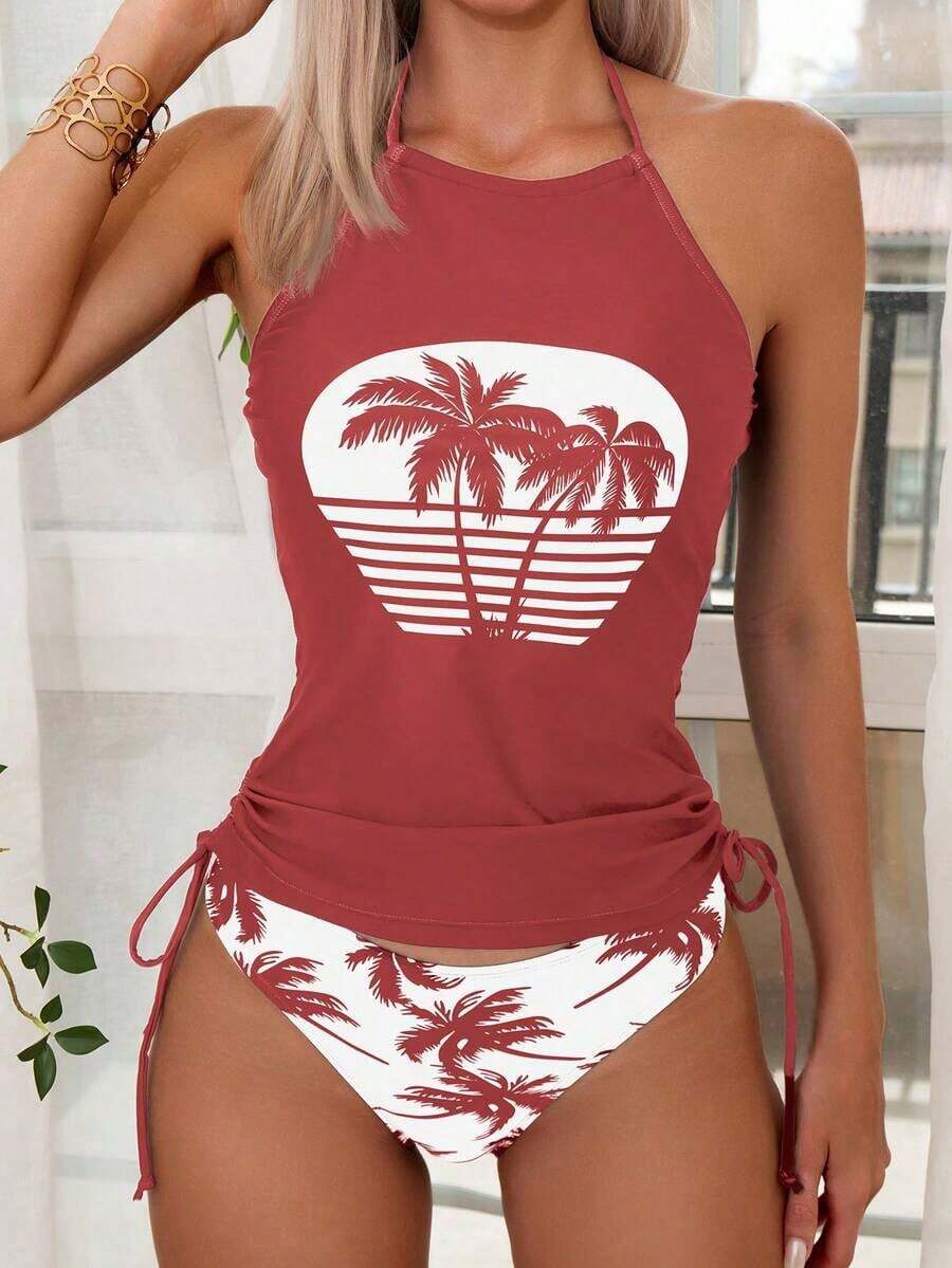 Conjunto de top de tankini con cuello halter y Bottom con estampado de palmeras, cordón y fruncido, para vacaciones y playa - Multicolor 2 - Ver 1