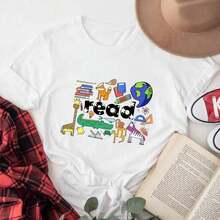 GiftGiftGiftGiftComfort Colots Teacher T-Shirt With Book Print For Kids, Oversized Graphic Tees For Women, Book Lover T-Shirt, Teacher T-Shirt, Elementary School Teacher T-Shirt, Kindergarten T-Shirt, Summer T-Shirts And Tops For Women, Pure Cotton Short Sleeve Crew Neck Urban Style T-Shirt, Soft. Soft - 白色 012 - 查看 3