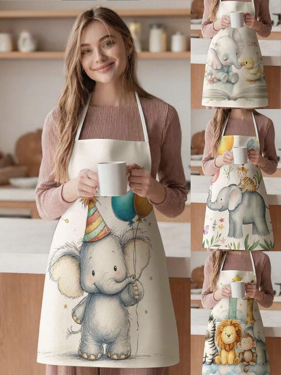 1pc, Cute Cartoon Elephant Animal Pattern Polyester Apron - Suitable For Cooking, Baking, And Gardening, And Can Also Be Used As Attire For The Kitchen And Dining. - Multicolor - View 1