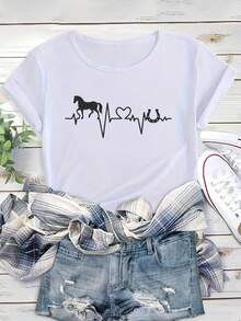 Women's Short Sleeve Cotton T-Shirt, Horse And Heart Print For Valentine's Day, Comfortable And Soft Sports T-Shirt, Casual Short Sleeve Running Top With Round Neck, Women's Sportswear. - 白色 - 查看 6