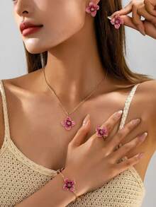 1pc Necklace + 1pc Bracelet + 1pc Ring + 2pcs Earrings, Elegant Niche Floral Jewelry Set, Suitable For Daily, Party, Vacation, Gift-Giving In Spring/Summer - Oil-dripping Flower Set - View 3