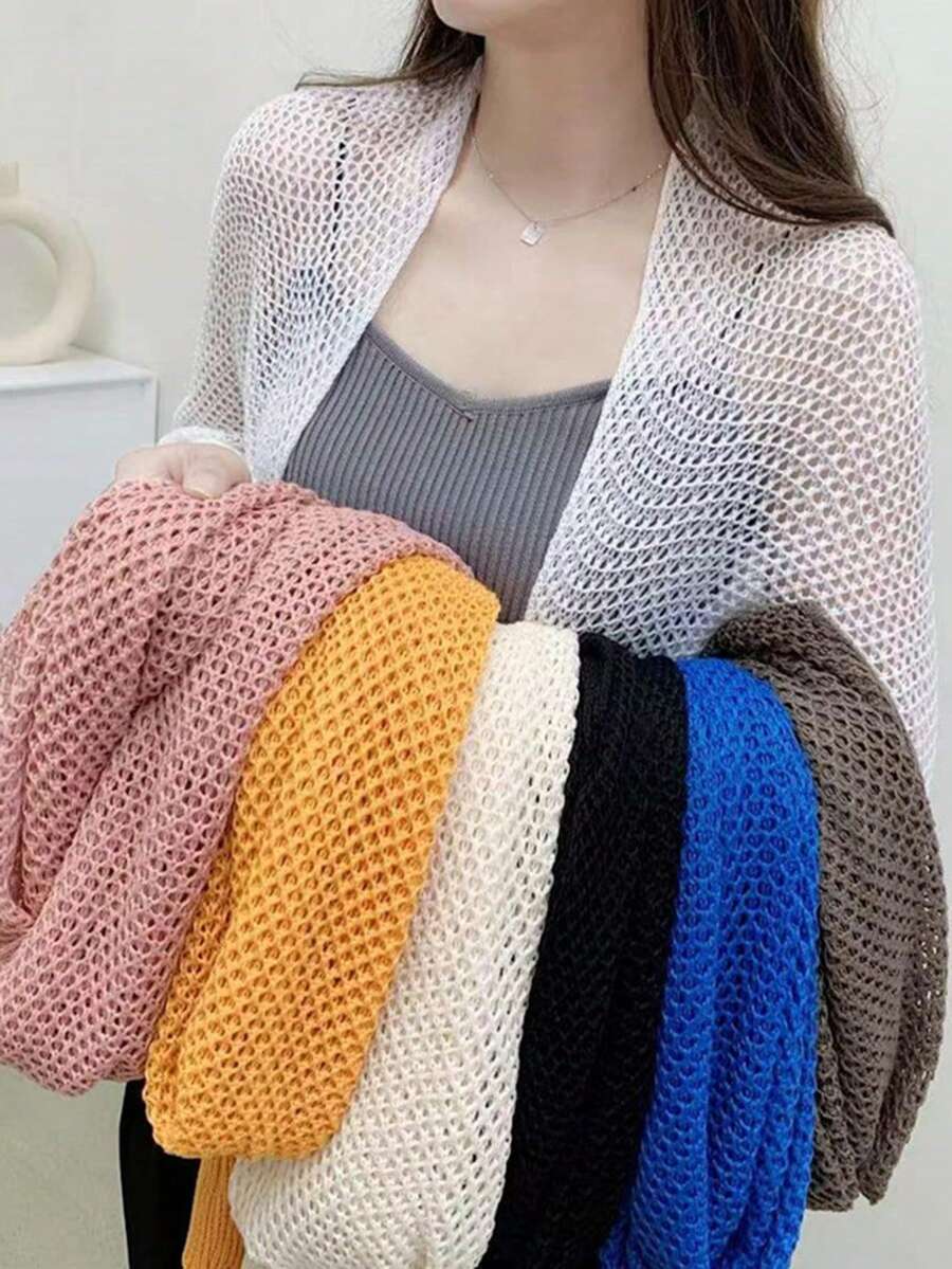 1pc Women's Spring/Summer Honeycomb Sleeve Cape With Knitted Collar And Hollow-Out Design Outerwear Accessory - Multicolor - View 1