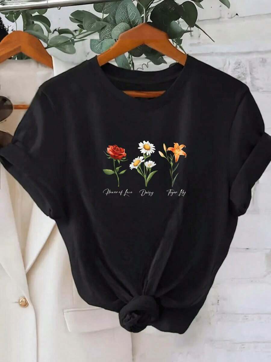 GiftMujer Camiseta de Manga Corta con Estampado de Flores Rosa Margarita y Tulipán Diseño Divertido para el Amor la Pureza y la Felicidad Casual para Mujeres Talla S a XXLSoft - Negro - Ver 1