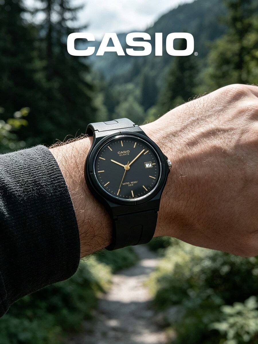 Casio Unisex Classic Quartz Watch, Black Resin Strap, Black Dial With Gold Markers, Date Display, Lightweight Casual Sports Watch, Minimalist Daily Style For Men And Women, Suitable For Birthday, Party, Outdoor, Travel, School, Office - Black - View 1