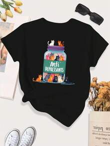 [Print Design]Large Women'S Casual Sports T-Shirt Featuring An Illustration Of A Cat In A Jar With Anti-Depressant Themes[Suitable For Leisure And Sports Activities] - Multicolor - View 1