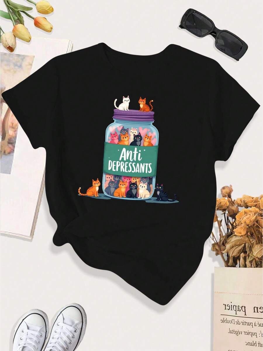 [Print Design]Large Women'S Casual Sports T-Shirt Featuring An Illustration Of A Cat In A Jar With Anti-Depressant Themes[Suitable For Leisure And Sports Activities] - Multicolor - View 1
