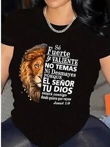 Camiseta de mujerPlayera de mujer de algodón 100% con estampado de león y frase inspiradora, diseño casual moderno, cuello redondo, estilo cómodo y transpirable para uso diarioCómoda y ligera - Negro - Ver 8