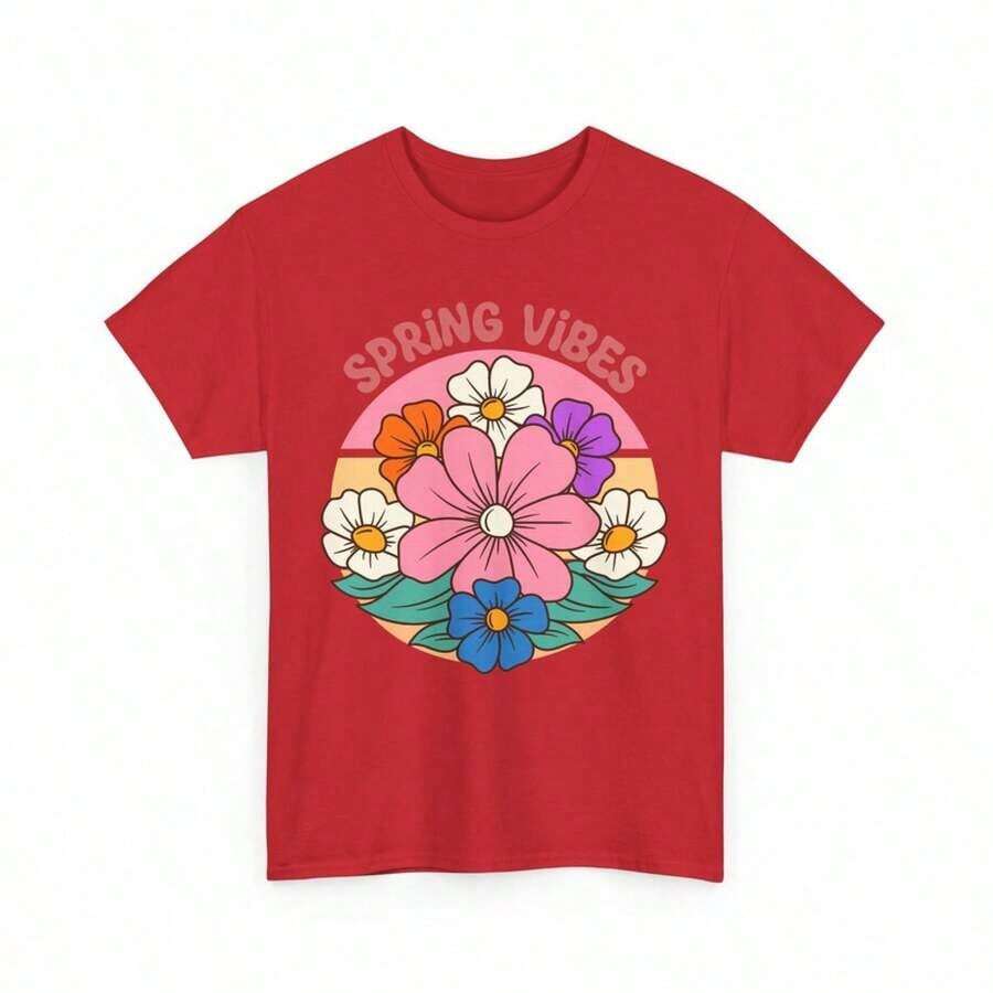 Camiseta suave 100% algodón, camisetas de talla grande de alta calidad, camiseta Spring Vibes. |   Camiseta Alegre de Primavera |   Camisetas Happy Season & Floral Delight, Artículos Versátiles Unisex, Camiseta de Algodón Transpirable, Combina con Todo, Genial - Rojo - Ver 1