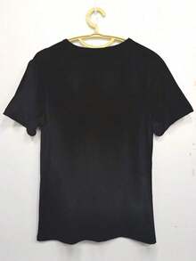 1 pieza de camiseta elástica de talla grande para mujer con estampado de corazón y huella de pata - Blusa transpirable, no transparente, de manga corta y cuello redondo - Top compatible. |     Lavable a máquina, ropa casual de primavera y verano, adecuada para todo tipo de cuerpos y atuendos diarios, 180g de algodón 100%. - Negro - Ver 2