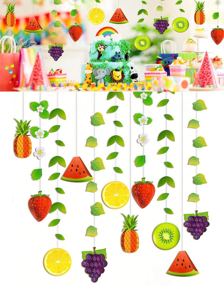 12pcs Fruit Pennant Garland, 3D Fruit Decor Wreath For Summer, Hanging Backdrop Decor Suitable For Birthday Party, Tabletop Decor, Party Supplies, Hawaiian Party, Home Decor, Graduation, Mother's Day, Bachelorette Party - A - View 1
