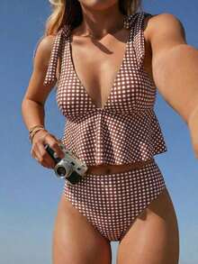 Mod Conjunto de traje de baño de 2 piezas para mujer con top corta de tirantes finos con estampado de cuadros y nudo delantero, y Bottom tipo bikini con cordón en la cintura, para verano - Marrón - Ver 3