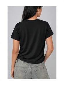 Soft 100% Cotton Women's T-Shirt, Yellow Floral Print, Minimalist, Soft Touch, Short Sleeve, Round Neck, Spring Summer, Casual, Comfortable For Everyday Wear, Breathable Cotton T-Shirt, Matches Everything, Cool. - 黑色 - 查看 3